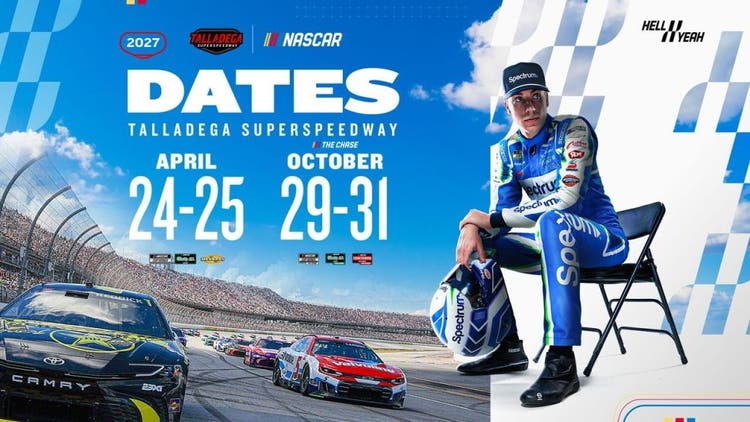 A graphic featuring Talladega dates in 2027.