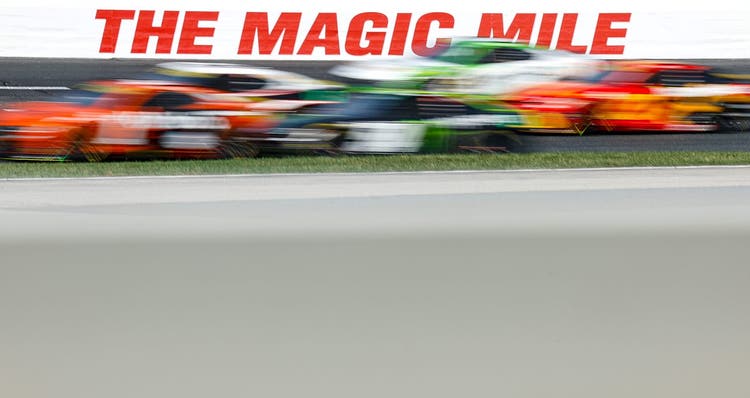 A general view of racing during the NASCAR Cup Series Mobil 1 301 at New Hampshire Motor Speedway on Sept. 21, 2025 in Loudon, New Hampshire.