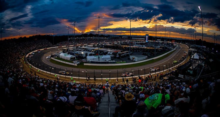 Sunset scene at the NASCAR Cup Series race in 2026 at North Wilkesboro Speedway.